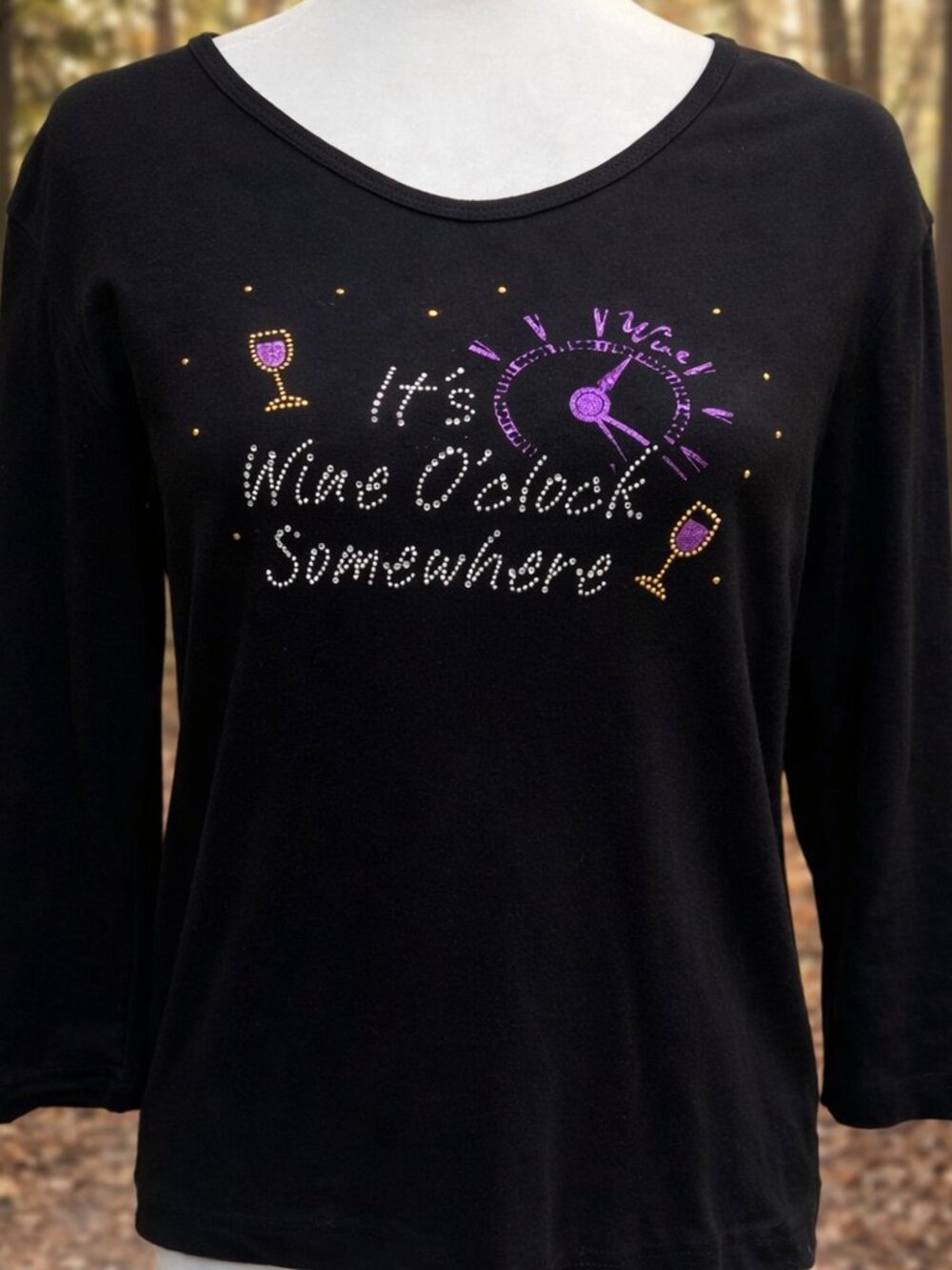“It’s Wine O’Clock Somewhere” Rhinestone 3/4 Sleeve Tee Happy Hour GNO V Neck